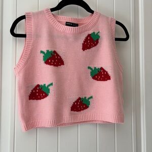 SHEIN Pink Crop Sweater Tank with Strawberry Pattern SMALL